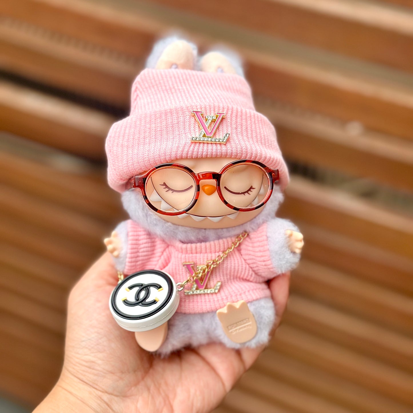 POP MART The Monsters Labubu Fashion Dress - LV Style Pink Top+ LV Style Hat + Bag + Amber glasses
