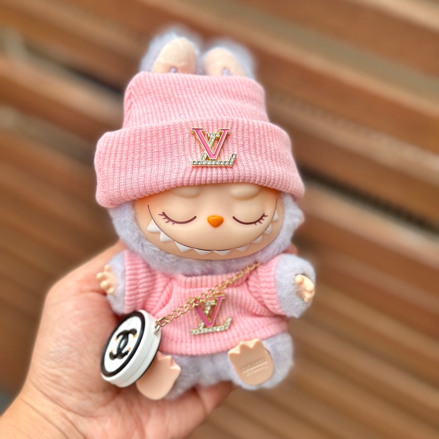 POP MART The Monsters Labubu Fashion Dress - LV Style Pink Top+ LV Style Hat + Bag