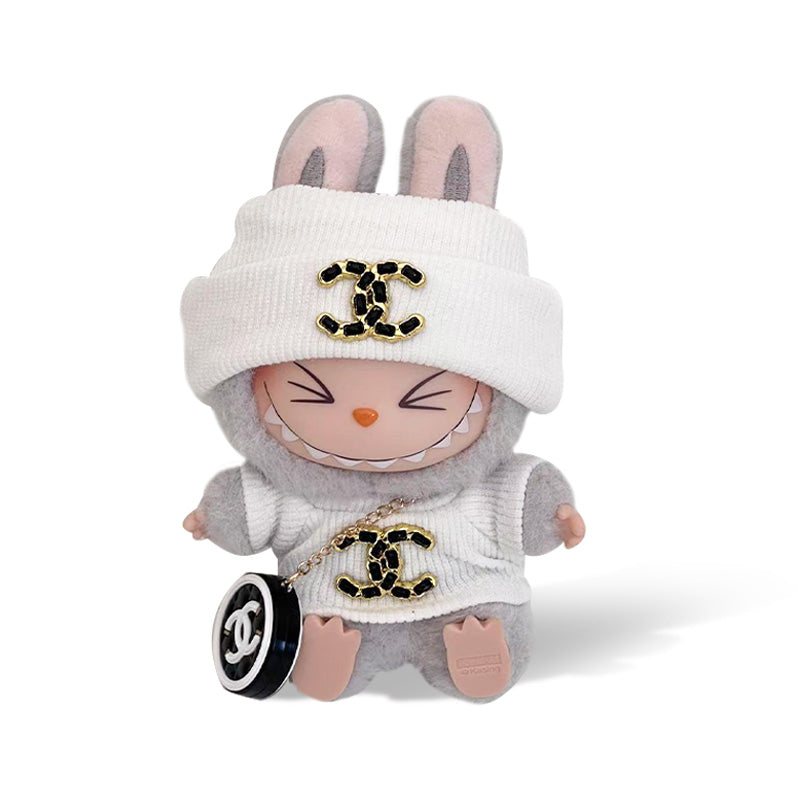 POP MART The Monsters Labubu Fashion Dress - Black Chanel Logo Style Top + Hat + Bag