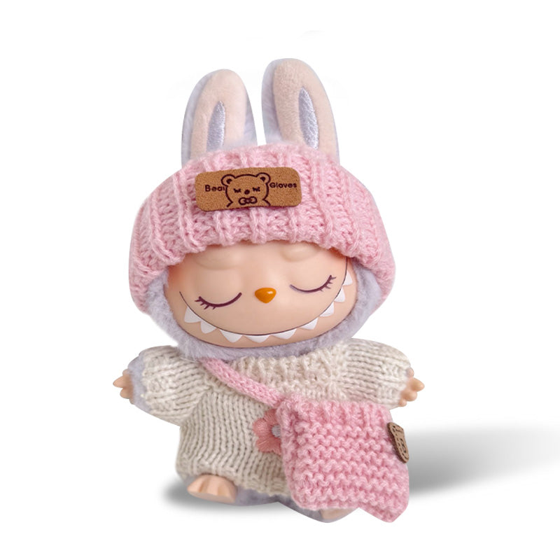 POP MART The Monsters Labubu Fashion Dress - Pink knitted hat + white floral sweater + pink knitted bag