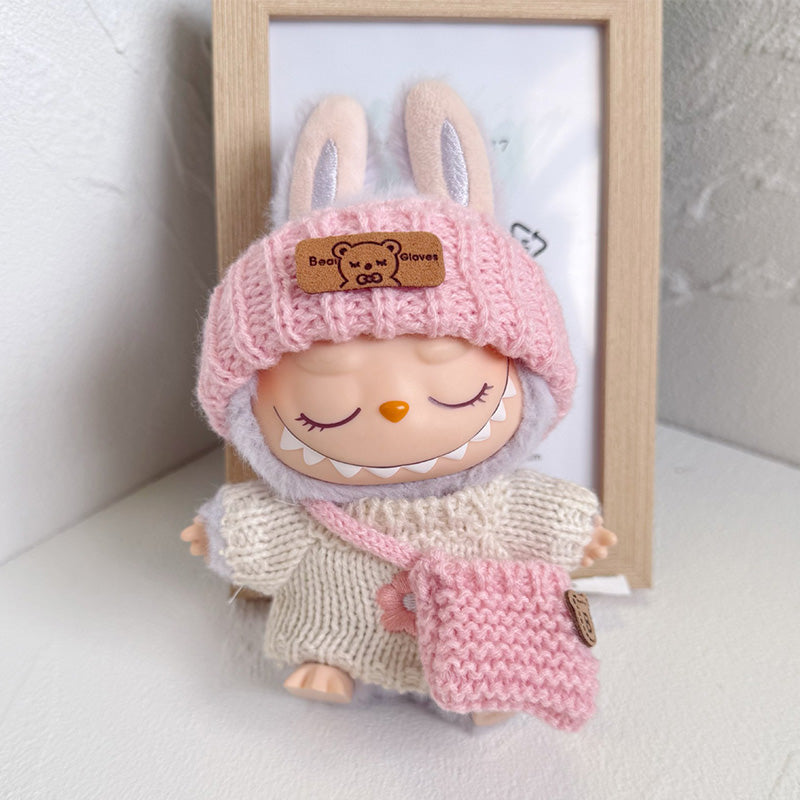 POP MART The Monsters Labubu Fashion Dress - Pink knitted hat + white floral sweater + pink knitted bag