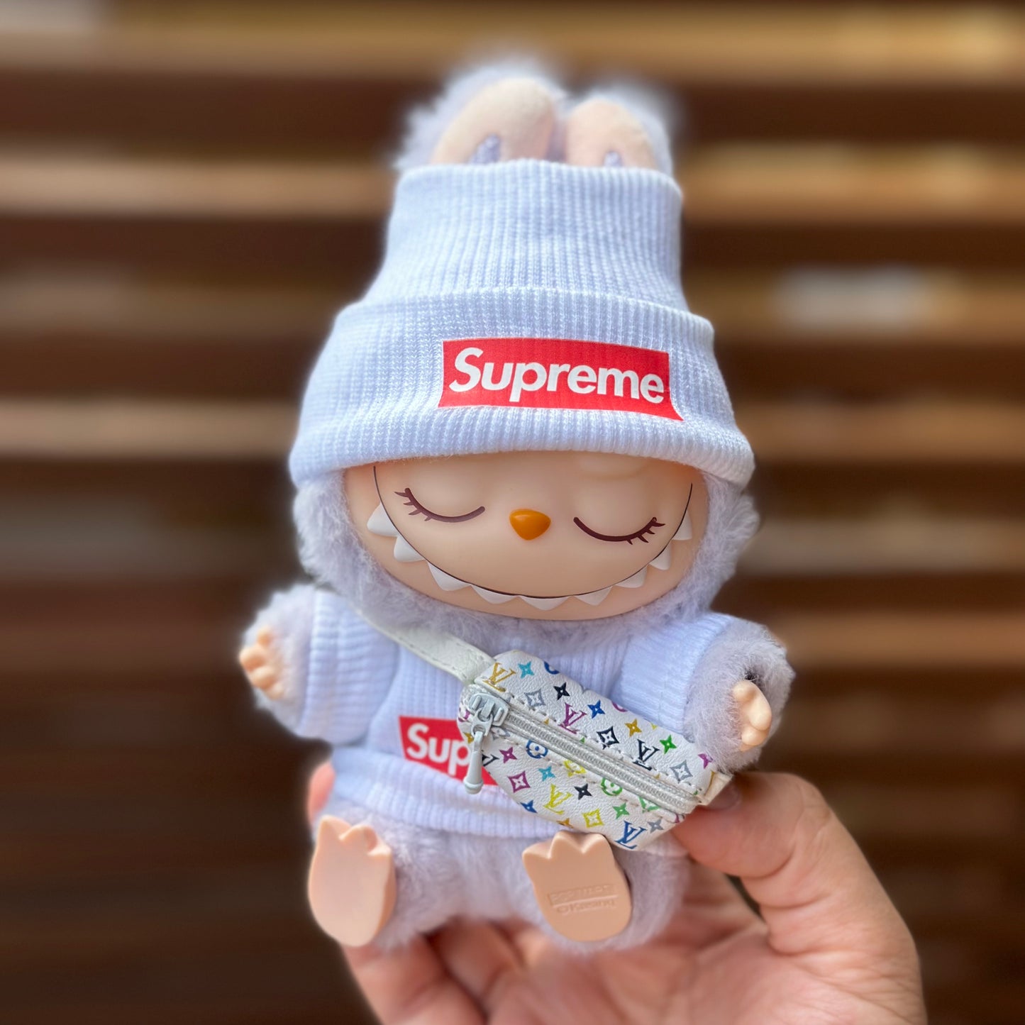 POP MART The Monsters Labubu Fashion Dress - Supreme Style White Top+ LV Style Bag+Hat