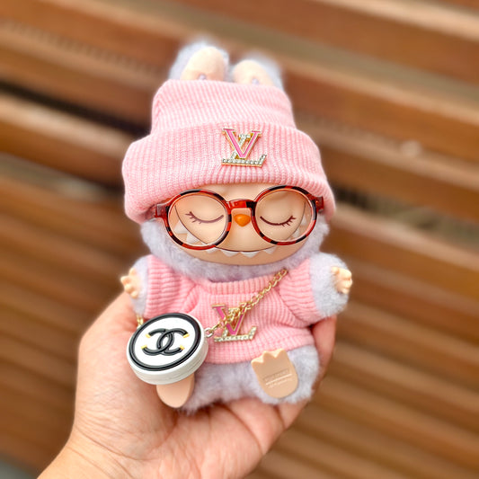POP MART The Monsters Labubu Fashion Dress - LV Style Pink Top+ LV Style Hat + Bag + Amber glasses