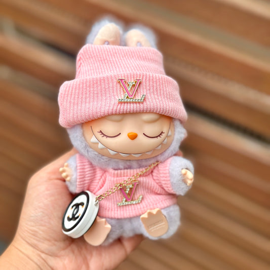 POP MART The Monsters Labubu Fashion Dress - LV Style Pink Top+ LV Style Hat + Bag
