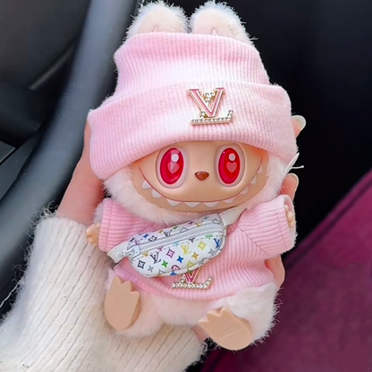 POP MART The Monsters Labubu Fashion Dress - LV Style Pink Top+ LV Style Hat +LV Bag
