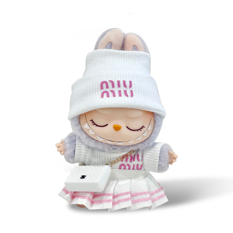 POP MART The Monsters Labubu Fashion Dress - Miumiu Style White Top + White hat + Skirt + Bag