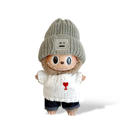 Fashion Dress - Ance gray knit beanie + White sweater + Jeans