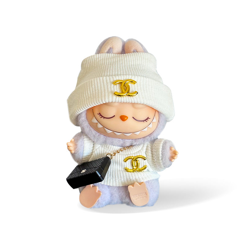 POP MART The Monsters Labubu Fashion Dress - White Chanel Logo Style Top + Hat + Bag