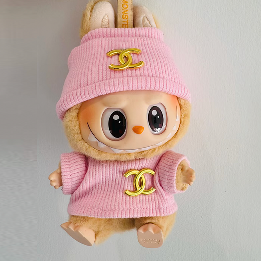 POP MART The Monsters Labubu Fashion Dress - Chanel Style Gold LogoPink Top + Pink hat